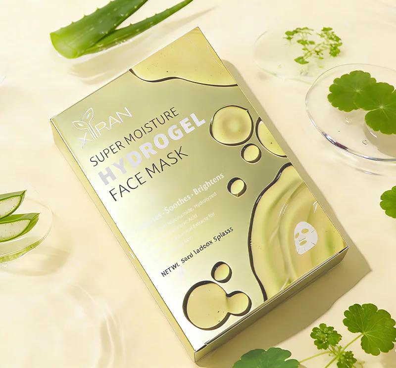 Xiran super moisture hydrogel face mask packaging surrounded by aloe and plants on a light background.